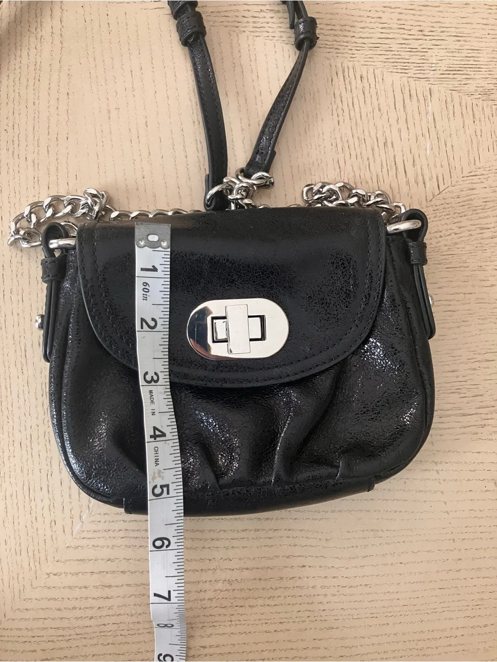 Badgley Mischka Black Wrinkled Leather Crossbody Mini Silver Chain and Turn-Lock